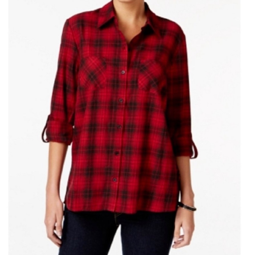 Style & Co red & black high low plaid button down with floral print back